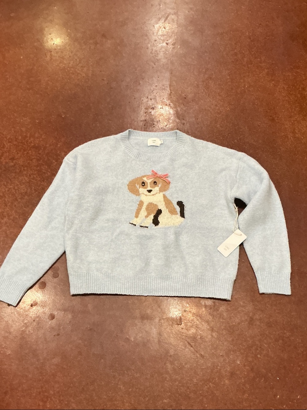Light Blue Crewneck Sweater with Puppy Intarsia